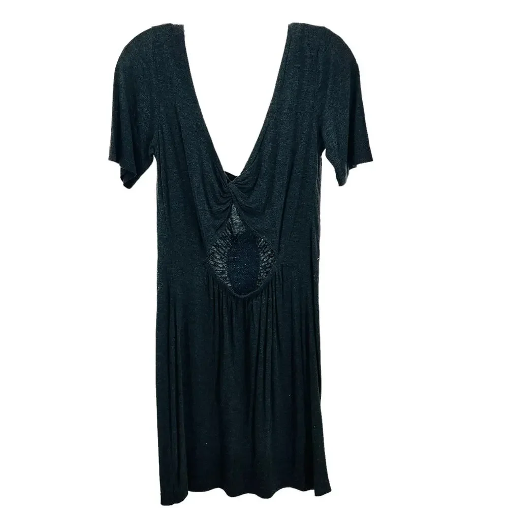 Free People Dark Gray V-Neck Knit Studs Short Sleeve Boho Shift Dress Women - Picture 3 of 10